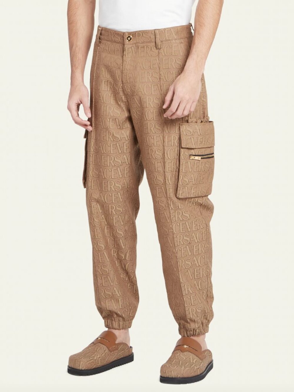 $1550 Versace Camel Brown Allover Logo Cargo Tapered Pants unisex sz 38/IT 48